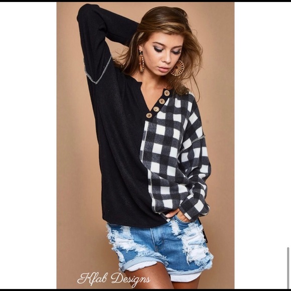 New! Sale 🔥Buffalo Plaid Soft Brushed Knit ColorBlock V Neck Button Top - Picture 13 of 14
